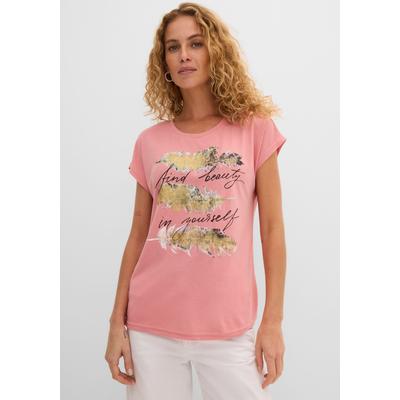T-Shirt BONPRIX "T-Shirt mit Glitzerdruck", Damen, Gr. 36/38 (S), rosa (rauchrose bedruckt), Obermaterial: 65% Polyester, 35% Viskose, schmal, Shirts T-Shirt, schmale Passform, Kurzarm, mit Glitzerdruck