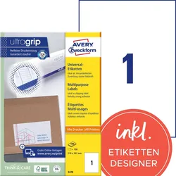 Avery Zweckform 3478 Universal-Etiketten, A4 mit ultragrip, 210 x 297 mm, 100 Bogen/100 Etiketten, weiß