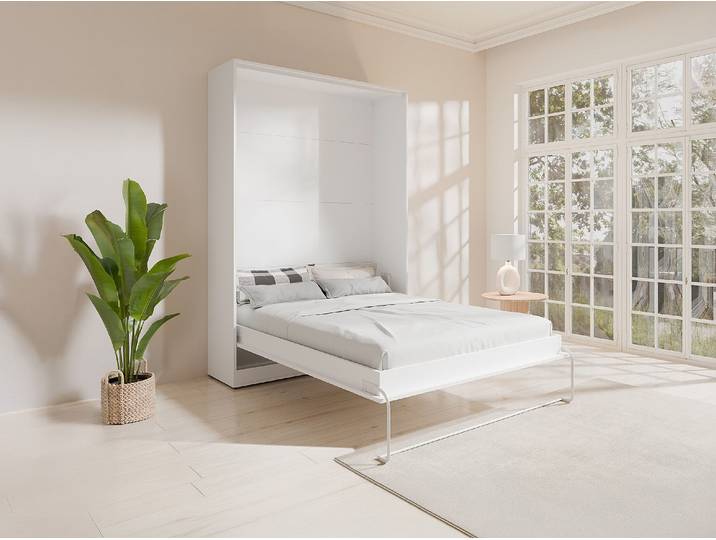 Schrankbett - 140 x 200 cm - Weiß - Vertikale manuelle Öffnung - Mit Matratze - BEGANIO