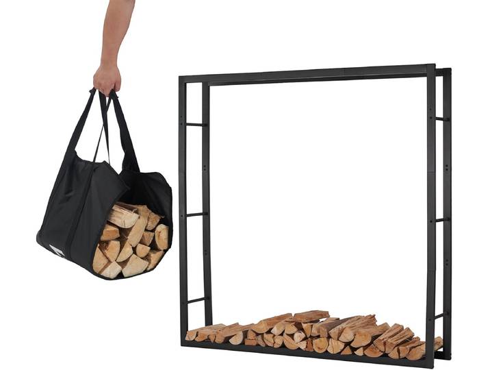 Lendo Online brandhoutrek 148x25x148cm + draagtas– Binnen en buiten -haardhout opslag – haardhoutrek – houtopslag – zwart - metaal