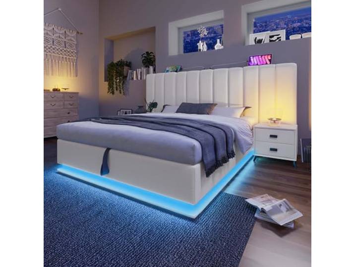 Merax LED Polsterbett 160×200cm Doppelbett Stauraumbett Boxspringbett LED-Bett Stauraumbett App-Control, Bettgestell mit USB-C-Ladefunktion,Hydraulik-Stauraum,Leinen,Ohne Matratze - Weiß