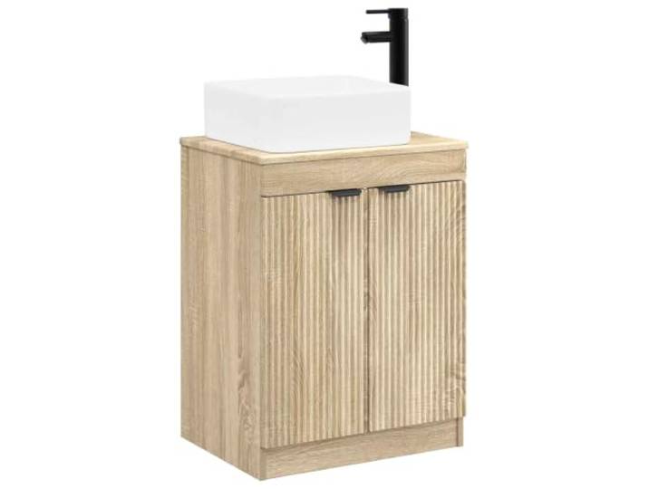 Badezimmermöbel-Set Eiche Sonoma Engineered mit Waschbecken und Wasserhahn Technisches Holz, 2 Türen, 1 Einlegeboden, Waschbecken mit Wasserhahn, kompaktes Design, Montage erforderlich
