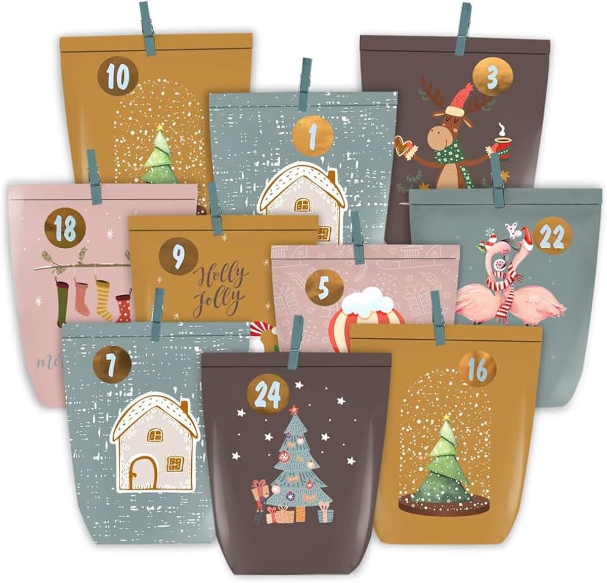 Adventskalender om zelf te vullen met 24 papieren zakjes en cijferstickers