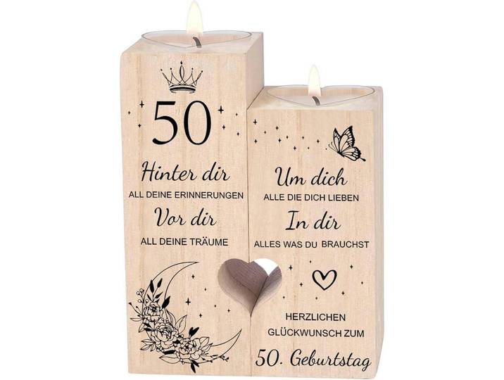 Kerzenständer 50. Geburtstag Holz 12 cm, Braun, 5x13x10 cm, Dekoration, Kerzen & Kerzenhalter, Teelichthalter