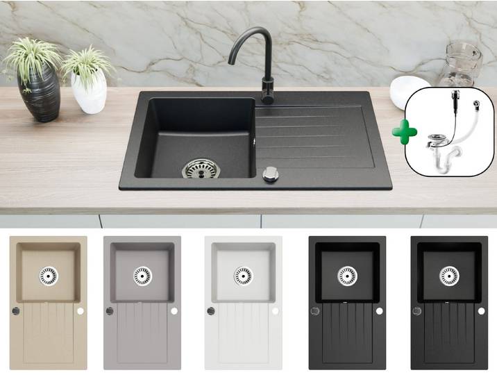 Faizee Möbel Granitspüle Faizee Home Granitspüle 75x43,5 mit Abtropfgitter, Armatur wählbar, Beidseitig montierbar (reversibel), Kratzfest & hitzebeständig bis 280 °C, Pflegeleicht & chemikalienresistent, Mit Abtropffläche, Inklusive Siphon-Set, (Spüle mit Zubehör, Granitspüle 75x43,5, Abtropfgitter, Siphon, Armatur optional), Granitspüle 75x43,5, Abtropffläche, pflegeleicht, Siphon, EU