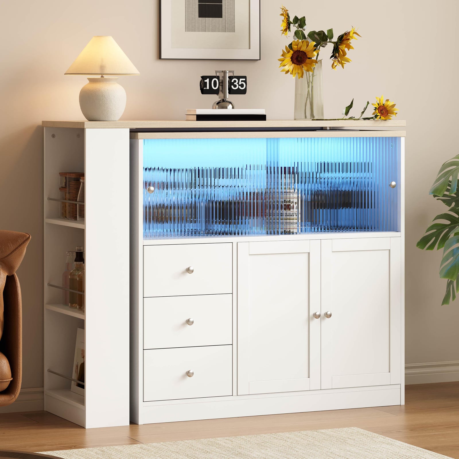 OKWISH Keukenblok met LED-verlichting, 360° draaitafel en uitschuifbaar blad, wit