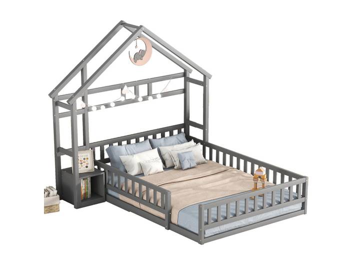 Redom Kinderbett 140/200 cm im Hausdesign mit Geländer und Nachttisch, Grau, 140x200 cm, Babymöbel & Kindermöbel, Kinderzimmer & Jugendzimmer, Kinderbetten