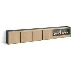 Skraut Home, TV-Schrank, 315x50x35 cm, Für TV-Geräte bis zu 80", Elektrokamin XXL rechts, Eiche Schwarz