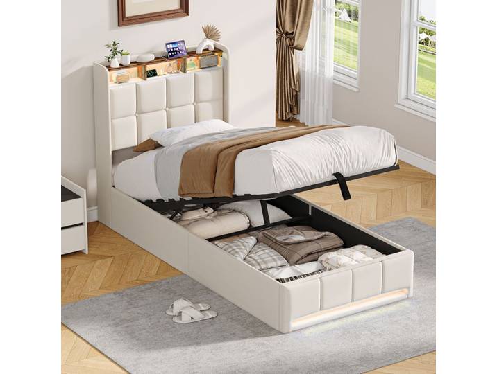 Lit simple - Lit pneumatique 90x200 - Rembourré lin beige - Rangement coffre hydraulique - LED RVB & USB‑C