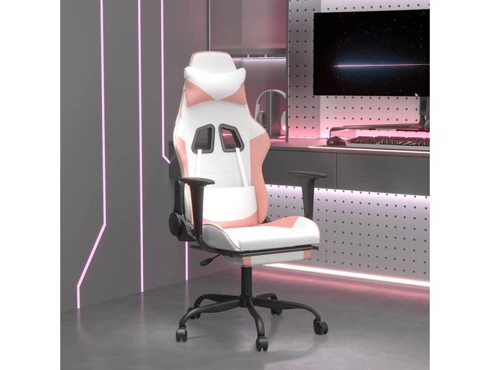 vidaXL Gaming-Stuhl mit Massage & Fußstütze Weiß und Rosa Kunstleder