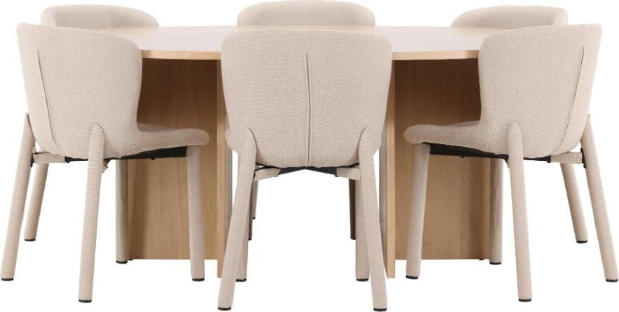 Strada eethoek met uittrekbare tafel en 6 stoelen, whitewash en beige, Diameter: 120 cm tot 170 cm