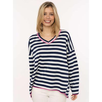Sweatshirt ZWILLINGSHERZ "Neon Streifen", Damen, navy, Web, Obermaterial: 50% Baumwolle, 50% Polyester, gestreift, kontrastfarbene Details, mehrfarbig, bequem hüftlang, V-Ausschnitt, offene Kante kontrastfarben, Sweatshirts Sweatshirt, offene Kanten...