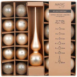 19 Weihnachtskugeln Glas 5-6cm mit Spitze Set Glitzer Motiv Christbaumkugeln Weihnachtsbaumkugeln Christbaumspitze Christbaumschmuck Deko Champagner