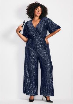 Plus Size Women's Nada Sequin Puff Sleeve Jumpsuit by Avenue in Midnight (Size 20)