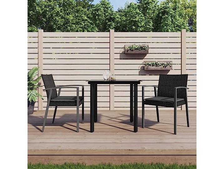 HEFZGDB 3-TLG. Garten-Essgruppe mit Kissen Poly Rattan und Stahlrahmen, Wetterfeste PE-Rattan Möbel mit Hartglas Tischplatte für Terrasse, Outdoor Esstischgruppe Sitzgruppe mit hohem