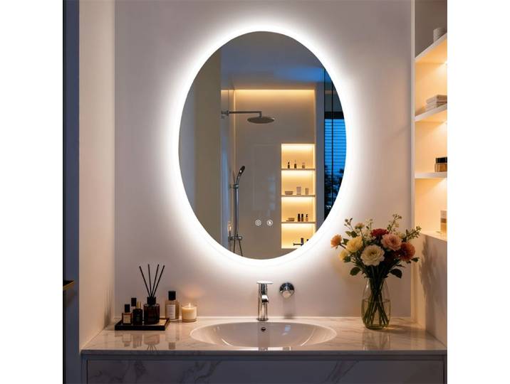 Miroir Élégant Forme Ovale - Sans Cadre Anti-Buée Intégré Mémoire de Réglage 3 Couleurs de Lumière - 50 x 70 cm