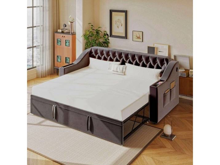Canapé‑lit convertible - PAGE Living - velours gris foncé - couchage 90x190/180x190 - accoudoirs rangement & USB