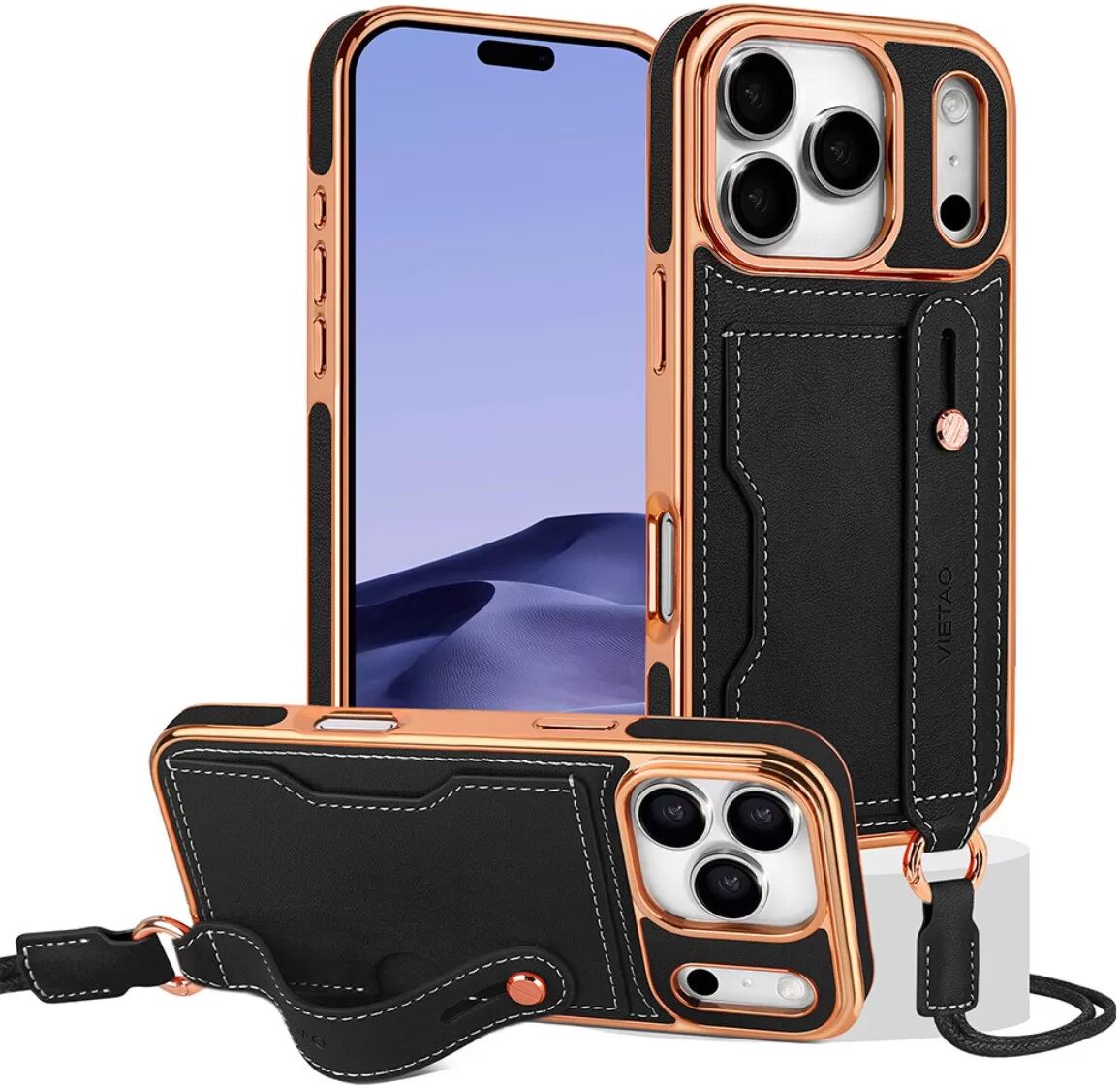 INF Coque compatible avec iPhone 17 Pro anti-choc PU+TPU avec emplacement carte, bandoulière, dragonne et support - Noir
