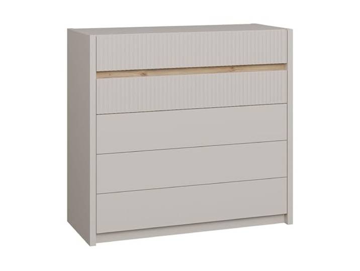 Forte Oak SQUERE Kommode 100, Moderne Kommode mit 5 Schubladen, Lamellen- und Holzdekor Detail, Holzwerkstoff, Mauvella Eiche Holzdekor/Kaschmir Beige, 100,3 cm breit x 93,9 cm hoch x 41,7 cm tief