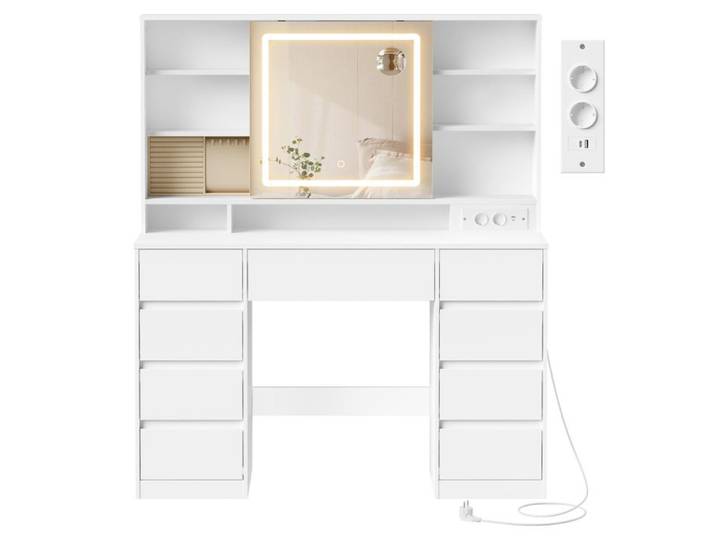 Coiffeuse avec Miroir LED Multiprise 9 Tiroirs Miroir Grossissant Loupe 10x Tabouret Blanc Nuage