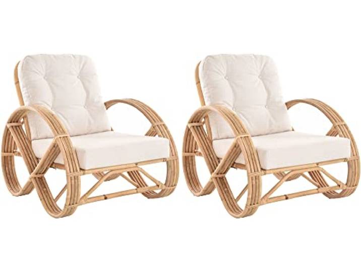Krines Home 2er Set Wintergarten Sessel Natur Rattan gestäbt Wohnzimmersessel mit Polster (Natur ungeschält)
