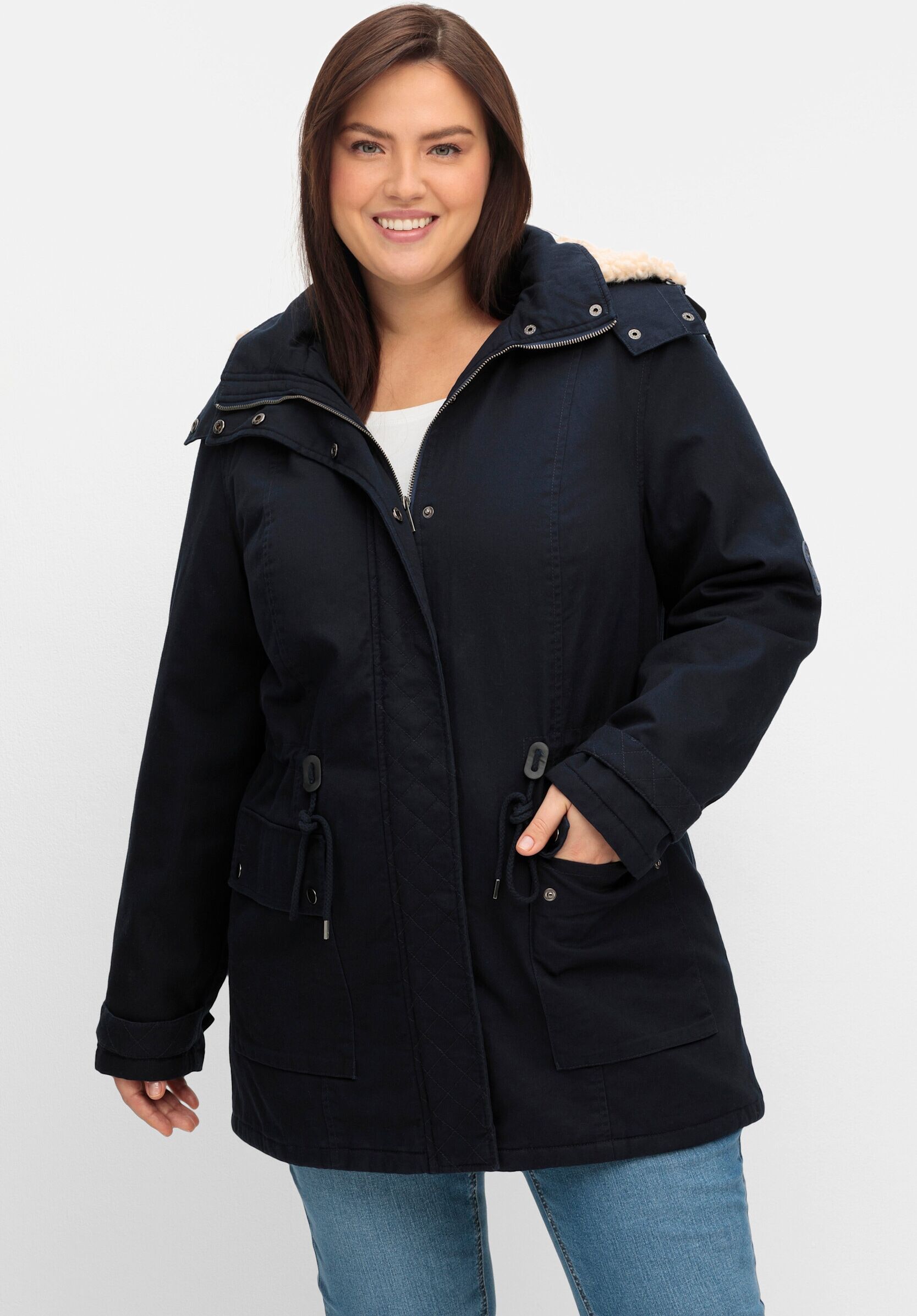 Parka SHEEGO "Parka Parka mit Taillen-Gummizug, warm wattiert", Damen, Gr. 44, schwarz (nachtblau), Sportlich, Jacken Parka