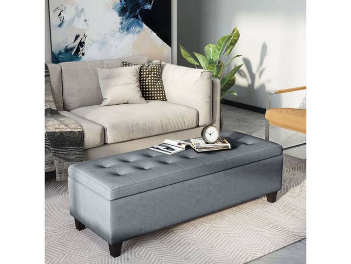 Banquette coffre de rangement grise 125 x 49 x 41 5 cm en polyester assise capitonnée couvercle silencieux pour salon et chambre