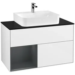 Villeroy und Boch Finion Waschtischunterschrank F112HGGF 100cm, Abdeckplatte white matt, Regal links Midnight Blue Matt Lacquer, Glossy white lacquer