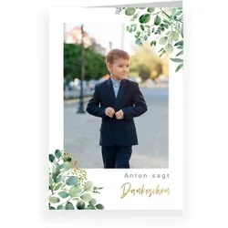 Dankeskarte Kommunion: Soft Greenery mit Foto in Grün