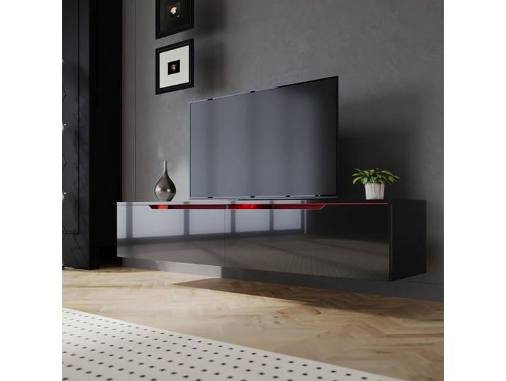 SIRHONA Meuble TV Noir laqué Éclairage LED 16 couleurs 160x35x30cm pour Salon ou Chambre