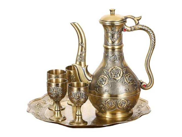 SUPBEI Vintage-Kaffee-Teekanne, Messing-Rosenmuster, Türkisches Teeservice mit 1 Teekanne, 4 Kaffeetassen und 1 Teetablett, Exquisites Handwerkliches Teetassen-Set für Hochzeitstee-Tischdekoration