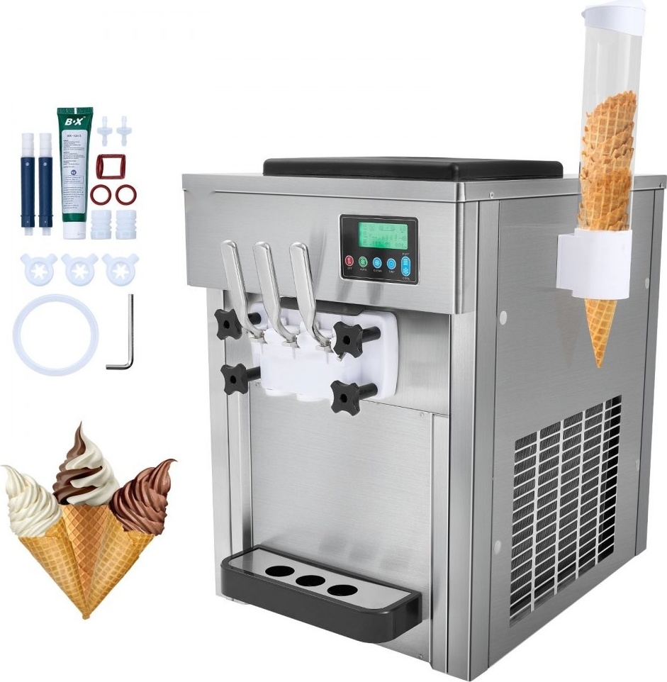 Kommerzielle Eismaschine - Leistungsstark 1800 W - 3 Geschmacksrichtungen - Softeismaschine Arbeitsplatte - 2 x 4 L Trichter - 2 x 1,8 L Zylinder - LCD-Bildschirm - Automatische Reinigung - Vorkühlung