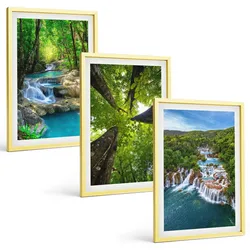 BILDER SET 3er Set - 40x60 cm Goldrahmen - Wasserfälle grüner Wald Wasser