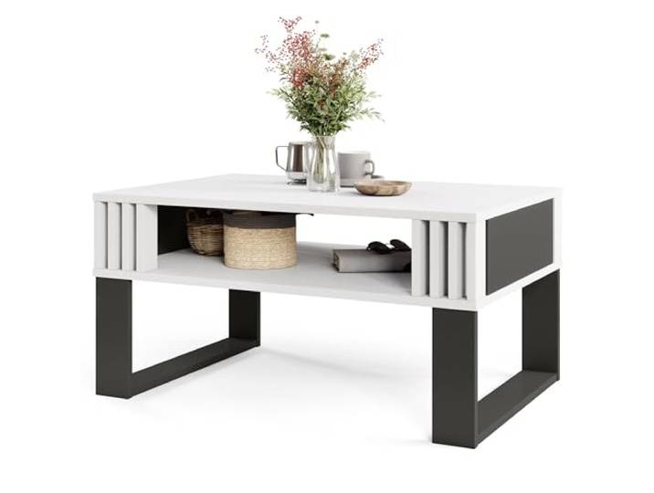 Viosimc Moderner Couchtisch mit Holzdekor-Lamellen, Rechteckiger Wohnzimmertisch mit Regal und Dekorativen Lamellen, Eleganter Zentraler Tisch für Wohnzimmer im Zeitgenössischen Design