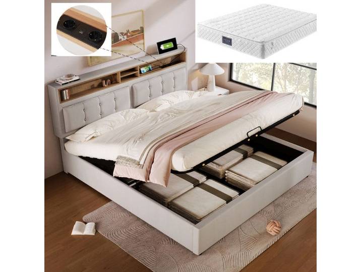 Lit coffre 140x200cm - Lit double - Rembourré - Prise USB C - Beige avec matelas