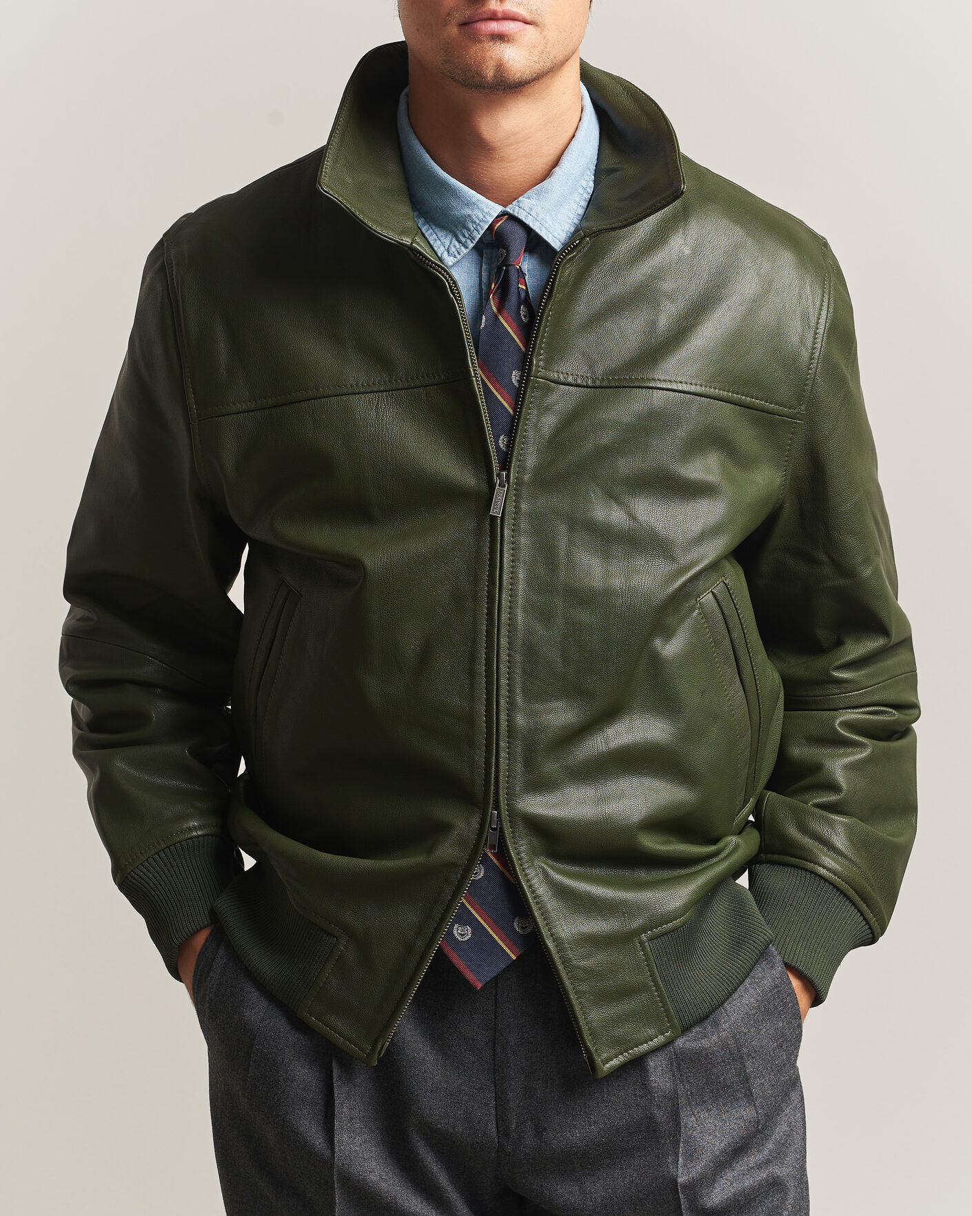 Les Deux Leather Varsity Jacket Rifle Green men M Grøn