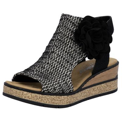 Schaftsandalette RIEKER, Damen, Gr. 42, Textil, schwarz-weiß (schwarz, kombiniert), Nubuklederimitat, Textil, Schuhe, Keilsandale, Sommerschuh, Plateausandalette mit Blüte