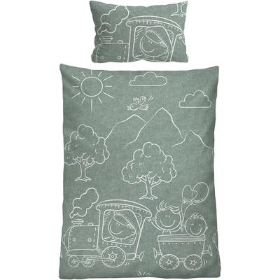 Kinderbettwäsche BIBERNA "0840521 Eisenbahn, Zug", grün (fichte), B/L: 100cm x 135cm, 1 Stk., 1 Stk., Flanell, B/L: 40cm x 60cm, 2 Stk., Flanell, Obermaterial: 100% Baumwolle, Bettwäsche, kuschelig warm, samtweich, Melange, 100% Baumwolle, made in...