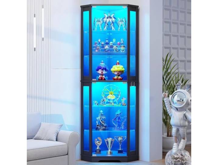 BROTTAR 180 cm hohe Eckvitrine mit LED-Beleuchtung und Glasböden(Schwarz) 6-stöckige Vitrine mit Glastüren, Bewegungssensor, Ausstellungsvitrine für Sammlerstücke, Wohnzimmer, schwarz