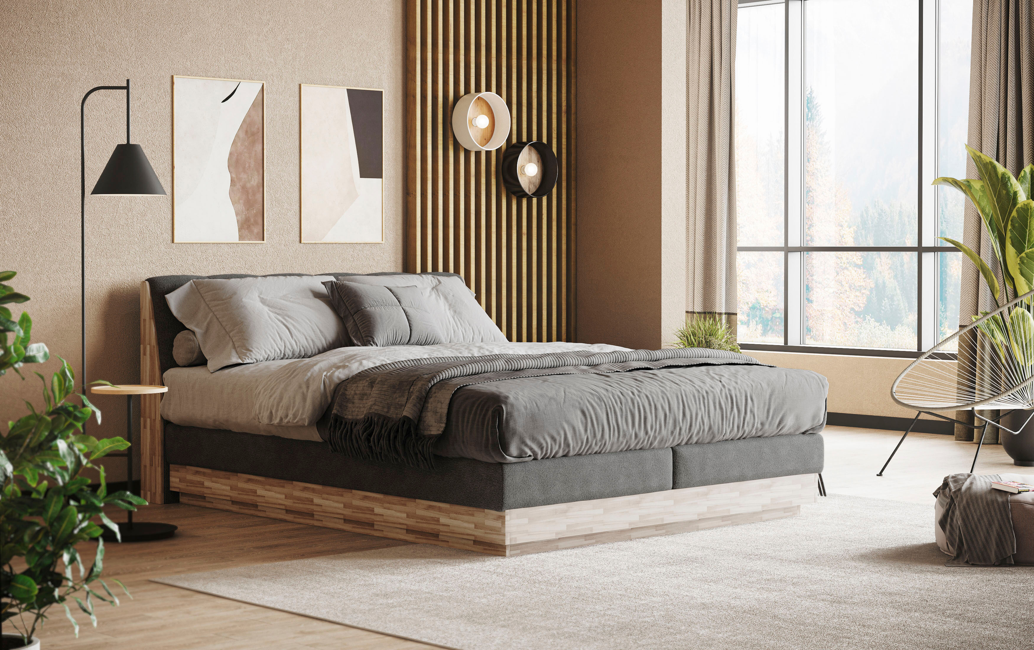Boxspringbett HOME AFFAIRE "Naome", grau (anthrazit), B:201cm L:217cm, 100% Polyester, Komplettbetten, Boxspringbett, Boxspringbett, Inklusive Topper anthrazit Struktur soft, Liegefläche B/L: 200cm x 200cm, Gewicht bis: 80 kg + 80 kg H2 + H2, 7-Zonen-Tonn