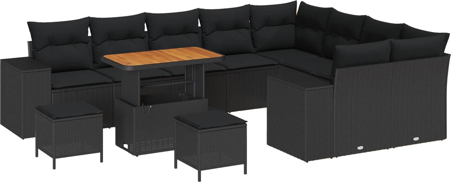 Modulares Gartenmöbel-Set, 12-teilig, für 11 Personen, Poly-Rattan Schwarz, UV- & wetterfest, höhenverstellbarer Tisch
