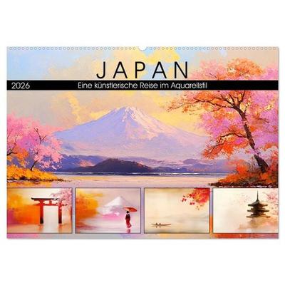 Japan. Eine künstlerische Reise im Aquarellstil (Wandkalender 2026 DIN A2 quer), CALVENDO Monatskalender
