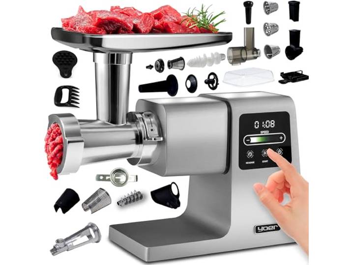 Yoer Fleischwolf 7-in-1, 2500W, Wurstfüllen, Schneiden, Saftpressen Formen von Nudeln und Keksen, Formen von Kebbe-Fleischbällchen, 6 Geschwindigkeitsstufen, Rückwärtslauf, GrindForce MG02S