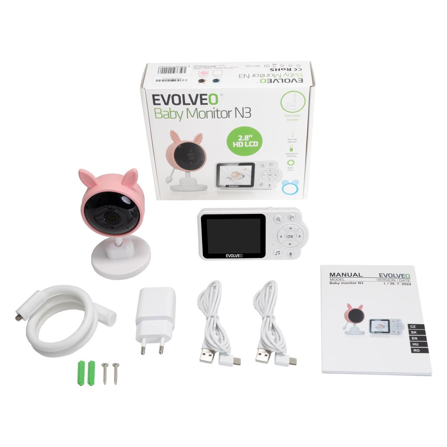 Evolveo Baby Monitor N3 Babyphone rosa / 2,8" TFT / Mikrofon / Lautsprecher (Babyphone Audio, Babyphone mit Kamera, 300 m) (CAM-3P)