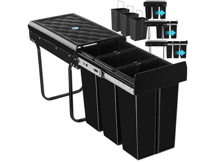 tectake® Poubelle de tri selectif pour Meuble de cuisine Poubelle cuisine Noir Poubelle 3 compartiments 3x10L Poubelle cuisine 30 litres Poubelle sous evier Poubelle encastrable Poubelle plastique