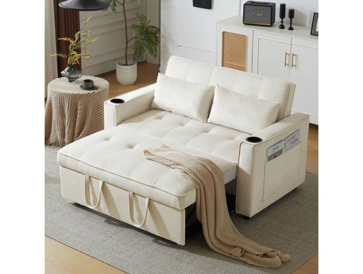 Canapé-lit pliant - Convertible 3-en-1 - Velours beige - Dossier 3 positions - Porte-gobelets & rangement