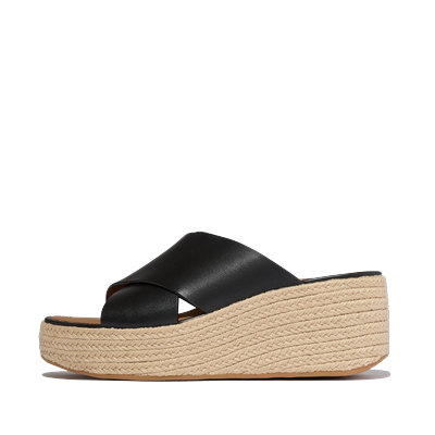 Pantolette FITFLOP "PLATFFORMS ESPADRILLE LEATHER WEDGE CROSS SLIDES", Damen, Gr. 40, Leder, schwarz, Schuhe Pantolette, Keilabsatz, Plateau, Sommerschuh mit Wedge