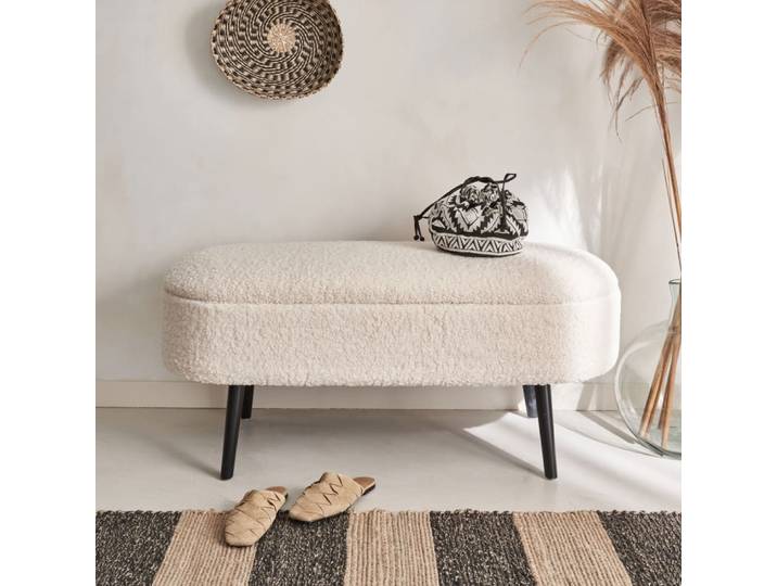 Banc coffre, bout de lit bouclette, écru