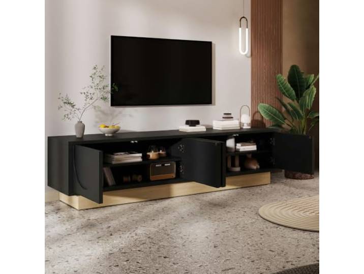 TV-Bank, 175 x 40 x 41,5 cm, Holzoptik, 4 Türen, Kabeldurchführung, gebogenes Design