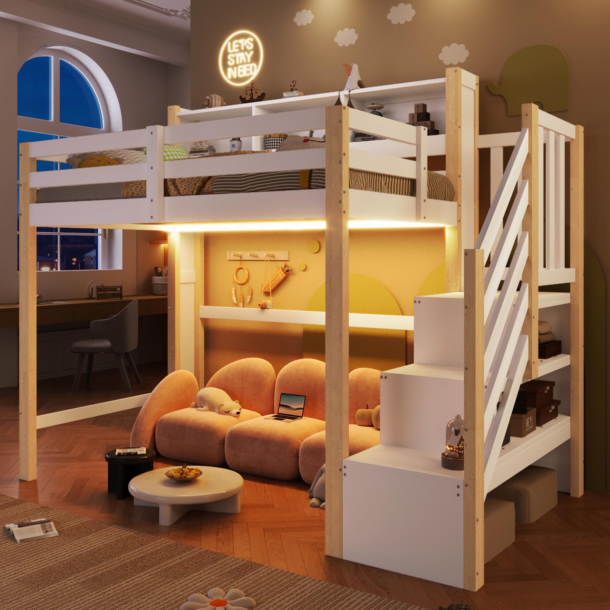 Merax Hochbett 90x200 cm, Etagenbett mit LED, Kinderbett, Treppe mit Stauraum, Regale, Kinderbett, Jugendbett, Massivholz Stockbett, Weiß+Natur